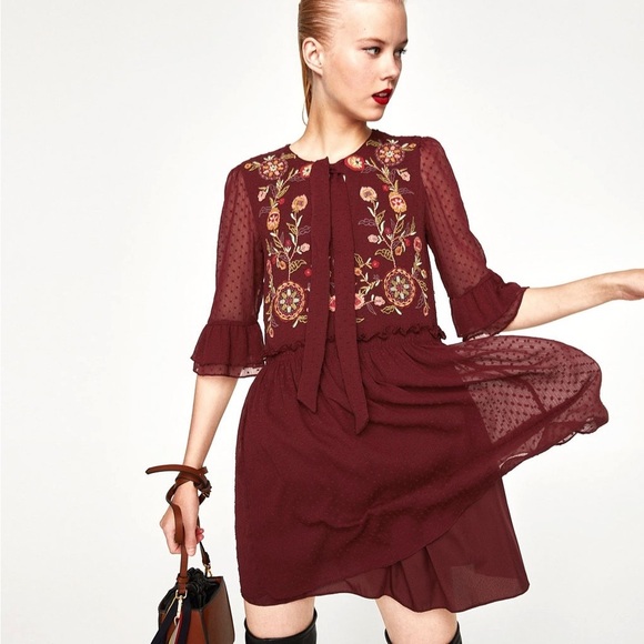 Zara Trafaluc Burgandy Swiss Dot Dress Size Small - Picture 2 of 7